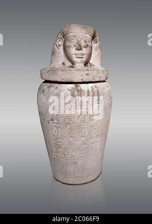 Altägyptische Imesty oder Amset Kanopische Jar, Neues Königreich, Ägyptisches Museum, Turin. Grauer Hintergrund. Die Kanopiegläser waren vier in der Zahl, jedes für Stockfoto