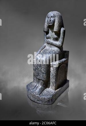 Alte ägyptische Statue der Prinzessin Redji, Großorit, Saqqara, Alte Königreich, 3. Dynastie (2592-2543 v. Chr.). Ägyptisches Museum, Turin. Grauer Hintergrund. Der Stockfoto