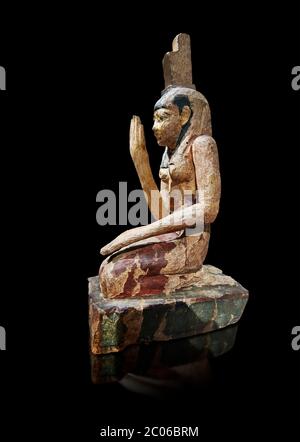 Alte ägyptische Holzstatue von osiris Weinen, späte Periode (664-332 v. Chr.). Ägyptisches Museum, Turin. Drovetti Cat 203. Grauer Hintergrund. Stockfoto