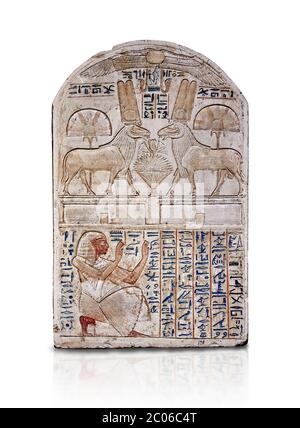 Alte ägyptische Stele, die Amon Re der 'gute RAM' von Vorarbeiter Baki, Kalkstein, New Kingdom, 19. Dynastie, (1290-1213 BC), Deir el-Medina, Dro Stockfoto