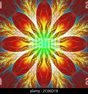 Schöne Fraktalblume in grün, rot und gelb. Computergenerierte Grafiken. Stockfoto