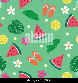 Sommer Muster - Bunte nahtlose Muster mit Wassermelone, Zitrone, Blätter und Blumen, Vektor-Illustration. Stock Vektor