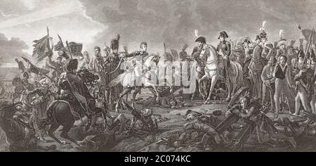 Napoleon in der Schlacht von Austerlitz, 2. Dezember 1805. Gravur eines unbekannten Künstlers nach einem Werk von François Gérard. Stockfoto