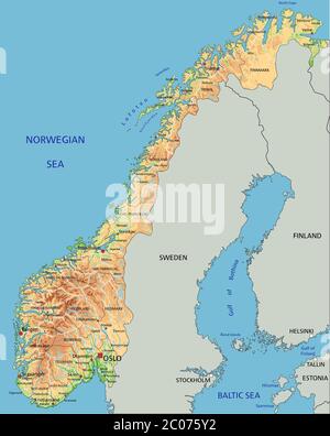 Detaillierte Norwegen Karte mit Beschriftung. Stock Vektor