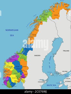 Bunte Norwegen politische Karte mit deutlich beschrifteten, getrennten Ebenen. Vektorgrafik. Stock Vektor