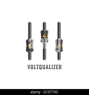 Voltqualizer Logo Design Vorlage. Thunder und Equalizer Logo Konzept. Beschreiben Sie den Leistungs- oder Energieregler. Isoliert auf weißem Hintergrund Stock Vektor