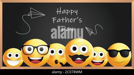 Happy Father's day Typografie Hintergrund mit gelben Gesichtern.Happy Father's day Emoji oder Emoticon für Grußkarte oder Poster.Smiley Hintergrund. Stock Vektor