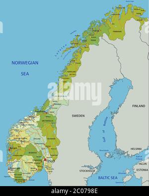 Sehr detaillierte bearbeitbare politische Karte mit getrennten Ebenen. Norwegen. Stock Vektor