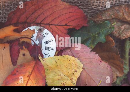 anique Taschenuhr auf bunten Herbstblättern begraben Stockfoto