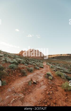 Gut abgenutzter Wanderweg schlängelt sich durch rote Felsen und Sträucher Stockfoto