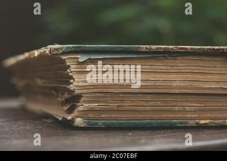 Detail des antiken Jahrbuchs mit braunen überalterten Seiten Stockfoto