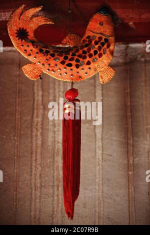 Buddhistische goldene Fisch-glückverheißende Symbol des Glücks. Qianfo Abschnitt MatiSi Tempel-Zhangye-Gansu-China-0929 Stockfoto