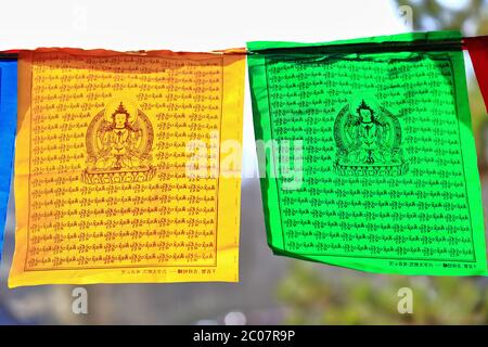 Lunge ta-Wind buddhistische Gebetsfahnen vom Typ Pferd. Qianfo-Abschnitt-MatiSi-Tempel-Zhangye-Gansu-China-0930 Stockfoto