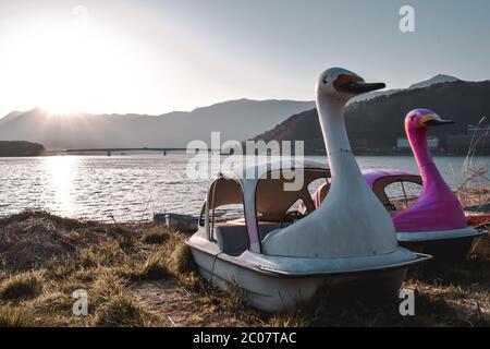 Verlassene alte Themenpark Schwanenboote in Kawaguchiko in Japan Stockfoto