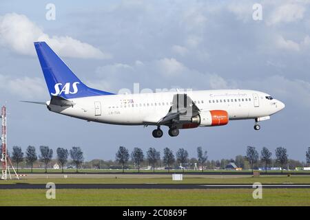 Flughafen Amsterdam Schiphol - SAS Boeing 737 landet Stockfoto