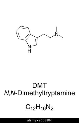 DMT, Skelettformel und Struktur. N,N-Dimethyltryptamin, eine chemische Substanz und psychedelische Droge in verschiedenen Kulturen für rituelle Zwecke. Stockfoto