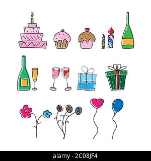 Farbsatz von Bildern für Begrüßungen. Stock Illustration im Doodle Stil, eine leere Umrisse isoliert auf einem weißen Hintergrund. Einfaches Design Stock Vektor