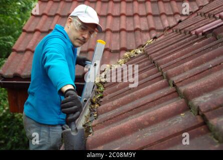 Mann auf der Leiter reinigt Rinne auf dem Dach. Wartung eines privaten Hauses. Stockfoto