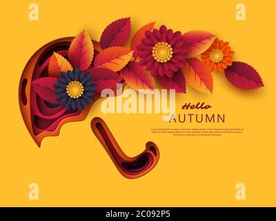 Herbstpapier geschnittener Regenschirm mit Blättern und Blume Stock Vektor