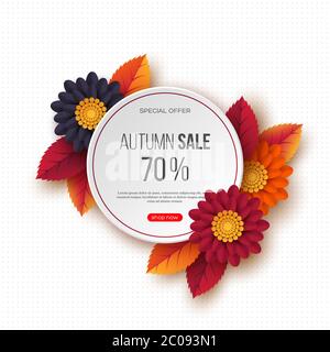 Herbst Verkauf rundes Banner mit 3d-Blättern, Blumen und gepunkteten Muster. Weißer Hintergrund - Vorlage für saisonale Rabatte, Vektor-Illustration. Stock Vektor