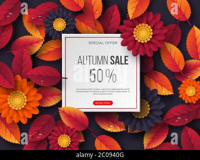 Herbst-Sale-Banner mit 3d-Blättern, Blumen und Wassertropfen. Violetter Hintergrund - Vorlage für saisonale Rabatte, Vektor-Illustration. Stock Vektor