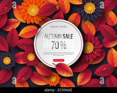 Herbst Verkauf rundes Banner mit 3d-Blättern, Blumen und Wassertropfen. Violetter Hintergrund - Vorlage für saisonale Rabatte, Vektor-Illustration. Stock Vektor