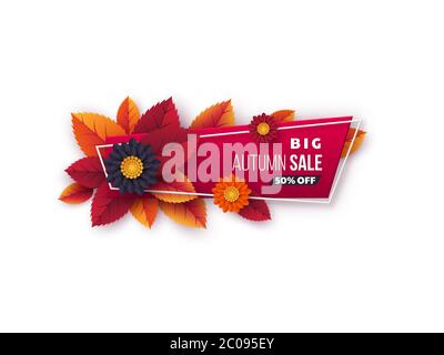 Herbstverkauf Banner mit Blättern und Blumen. Stock Vektor