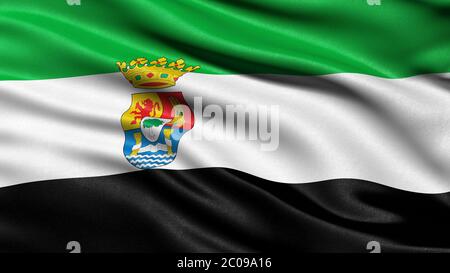 Flagge von Extremadura winkt im Wind. 3D-Darstellung. Stockfoto