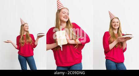 Collage von glücklichen Mädchen in Party-Kappen hält Geschenk-und Geburtstagstorten isoliert auf weiß Stockfoto