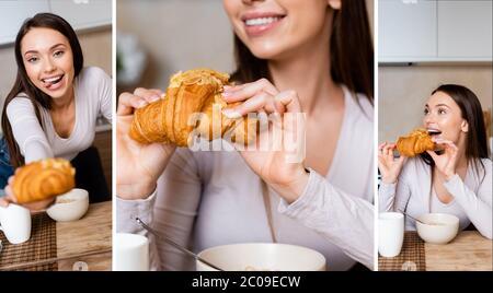 Collage aus glücklichen Mädchen, das Croissants hält und die Zunge herausstreckt Stockfoto