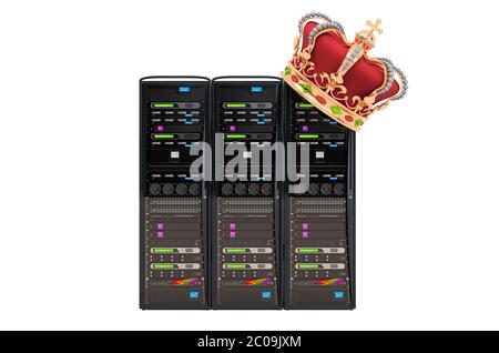 Computer-Server mit Krone. 3D-Rendering auf weißem Hintergrund isoliert Stockfoto