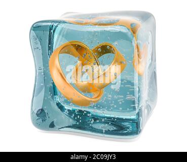 Gefrorene Eheringe in Eiswürfel, 3D-Rendering isoliert auf weißem Hintergrund Stockfoto
