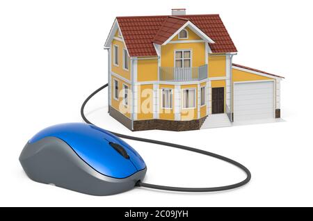 Haus mit Computer-Maus. 3D-Rendering auf weißem Hintergrund isoliert Stockfoto