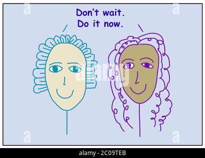Farbe Cartoon zeigt zwei lächelnde und ethnisch verschiedene Frauen Angabe nicht warten, tun Sie es jetzt. Stockfoto