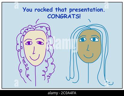 Farbe Cartoon von zwei lächelnden und ethnisch vielfältigen Geschäftsfrauen besagt, dass Sie diese Präsentation rockte, Gratzen. Stockfoto