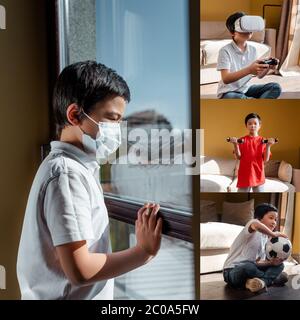 KIEW, UKRAINE - 22. APRIL 2020: Collage mit einem asiatischen Jungen in medizinischer Maske, der zu Hause in Quarantäne ist Stockfoto