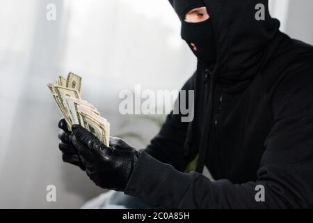 Seitenansicht des Räubers in der Sturmhaube mit Dollarnoten Stockfoto