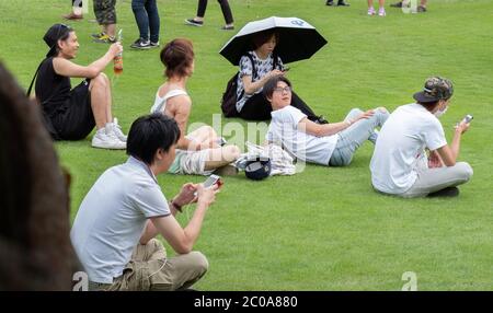 Gruppe von Menschen mit Smartphone im Shinjuku Gyoen Garden im Sommer, Tokio, Japan. Stockfoto