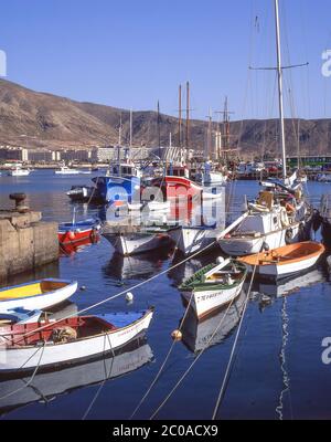 Fischerboote im Hafen, Los Cristianos, Teneriffa, Kanarische Inseln, Königreich Spanien Stockfoto