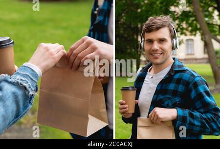 Collage aus fröhlichen Schüler in kabellosen Kopfhörer Musik hören und halten Papiertüten und Kaffee zu gehen Stockfoto