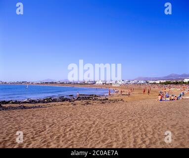 Strandblick, Playa de Matagorda, Puerto del Carmen, Lanzarote, Kanarische Inseln, Spanien Stockfoto