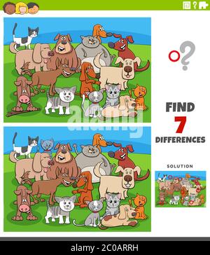 Cartoon Illustration der Suche nach Unterschieden zwischen Bildern Pädagogisches Spiel für Kinder mit Comic Katzen und Hunde-Gruppe Stock Vektor