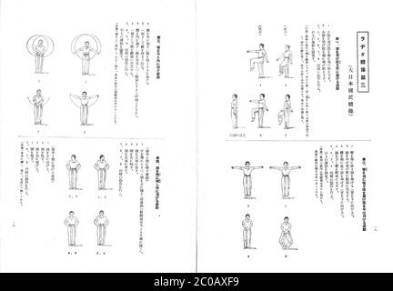 [ 1940er Japan - NHK Radio Calisthenics ] - Seiten aus Noten mit Übungen für das ラジオ体操 erschienene Radio Calisthenics-Programm (1940) des japanischen öffentlich-rechtlichen Rundfunks NHK (Showa 15 ). Radio-Calisthenics wurden in Japan im Jahr 1928 (Showa 3) als Erinnerung an die Krönung von Kaiser Hirohito. Wegen ihrer militaristischen Natur wurden die Sendungen von den Besatzungsmächten nach Japans Niederlage 1945 (Showa 20) verboten. Sie wurden 1951 neu gestartet (Showa 26). Vintage-Flyer des 20. Jahrhunderts. Stockfoto