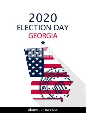 2020 Vereinigte Staaten von Amerika Vektorvorlage für die Präsidentschaftswahl in Georgia. USA Flagge, Stimmmarke und Georgia Silhouette Stock Vektor
