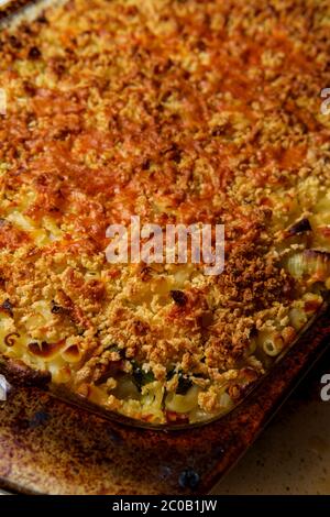 Brokkoli rabe und Lauch mac und Käse in großen Auflauf Gericht Stockfoto