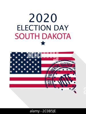 2020 Vereinigte Staaten von Amerika Vektorvorlage für die Präsidentschaftswahl in South Dakota. US-Flagge, Stimmmarke und South Dakota Silhouette Stock Vektor