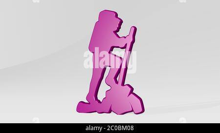MANN KLETTERT AUF DEN BERG an der Wand. 3D-Illustration von metallischen Skulptur auf weißem Hintergrund mit milder Textur Stockfoto