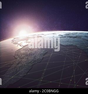 Globalisierte Welt, digitale Technologie. Verbindungen und Cloud Computing in der virtuellen Welt. Weltkarte mit Satellitendatenverbindungen. Anschlussmöglichkeiten AC Stockfoto