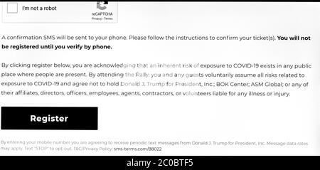 Washington, District of Columbia, USA. Juni 2020. Ein Bildschirmschnapper des RSVP der Öffentlichkeit, um an der Make America Great Again teilzunehmen! Kundgebung im BOK Center in Tulsa, Oklahoma am 19. Juni 2020. Dies wird die erste große Rallye für die Trump 2020 Kampagne seit Beginn der COVID-19 Pandemie sein, und die Teilnehmer werden gebeten anzuerkennen, dass es ein Risiko gibt, an dem Virus zu erklemmen, und dass sie die Trump-Kampagne und andere damit verbundene Einheiten nicht verantwortlich machen werden. Kredit: Brian Cahn/ZUMA Wire/Alamy Live News Stockfoto