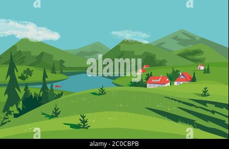 Berggrüne Tallandschaft. Sommersaison Plakat mit Blick auf den See. Häuser am Flussufer in den Alpen. Freihand-Cartoon im Retro-Stil. Stock Vektor